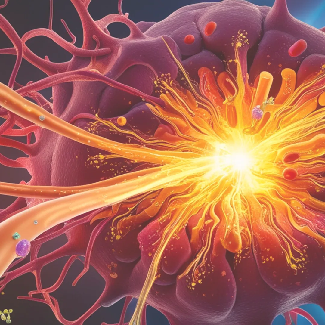 An artistic rendering of a cell undergoing intense energy exchange and signal transduction, visualizing the mechanisms of cytokine modulation and biofield physiology discussed in autoimmune protocols.