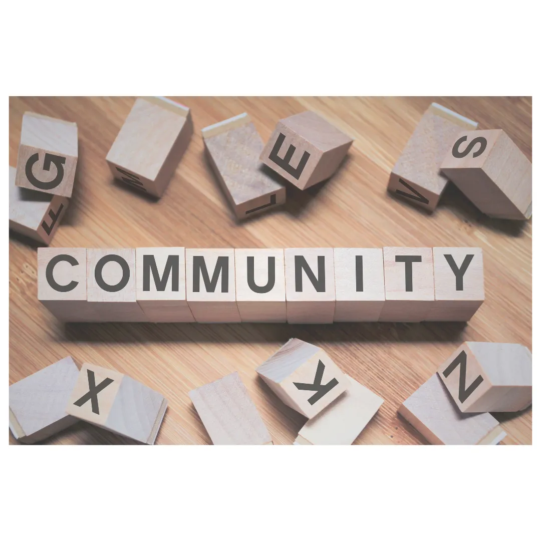 Wooden letter blocks spelling out the word "COMMUNITY," representing the end of clinical isolation for private practice owners through the BTH network.