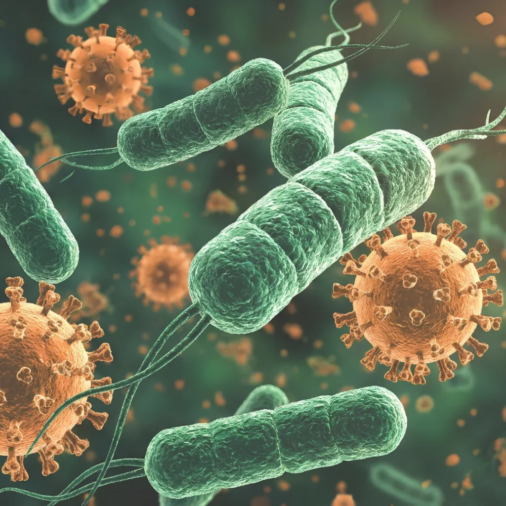 A microscopic visualization of various bacterial and viral pathogens, illustrating the complexity of chronic Lyme co-infections like Borrelia and the need for frequency protocols that disrupt pathogen communication.