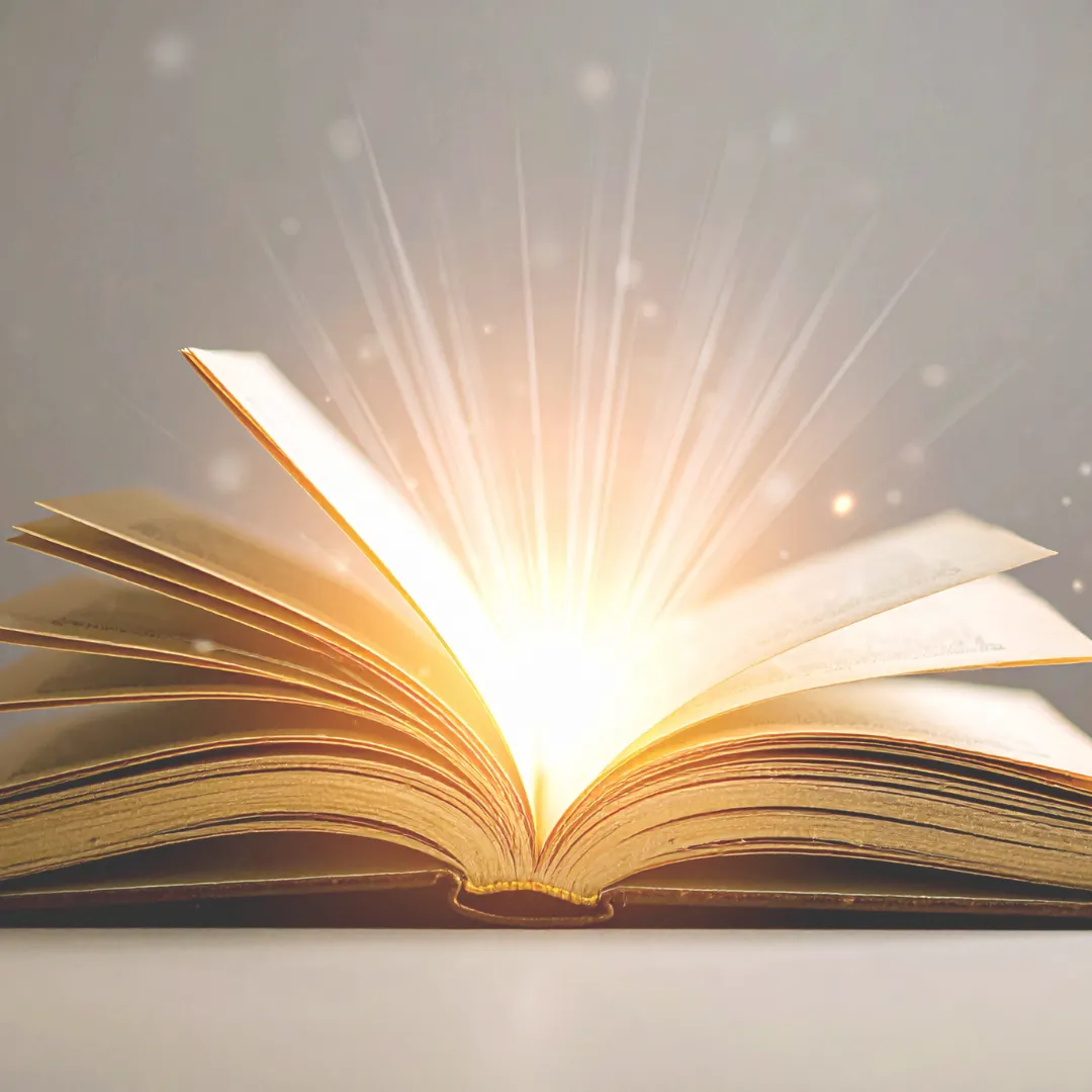 An open book emitting a bright, magical glow, symbolizing the enlightenment and power of sharing custom frequency protocols within the BTH "Open Source" community exchange.