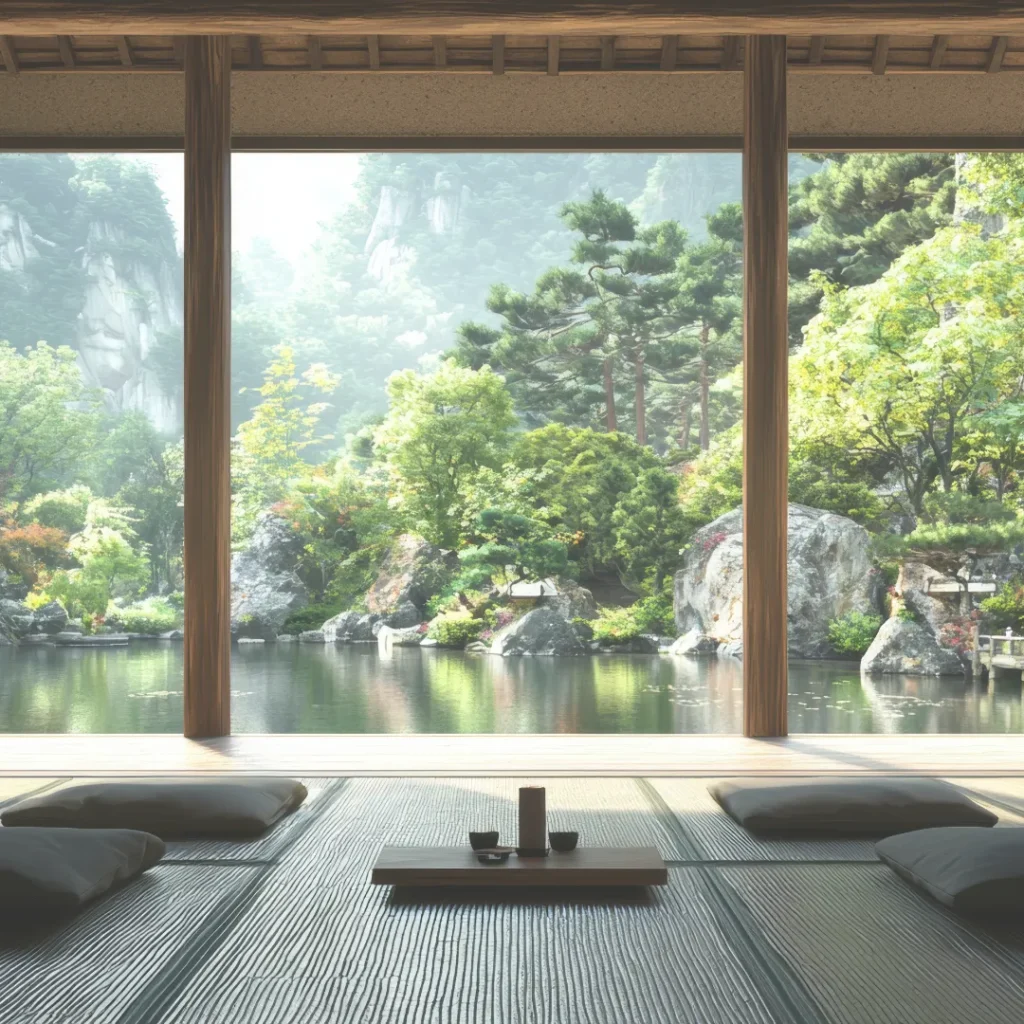 A serene view of a Zen garden from a wellness retreat, symbolizing the balance, sustainability, and peace of mind that comes from a financially healthy and well-managed holistic practice.